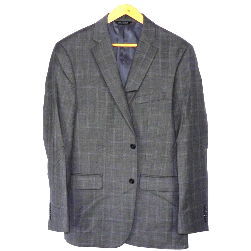 Jos. A. Bank 100% Wool Gray Plaid 2 Button Blazer Tailored Fit Men's 43L
